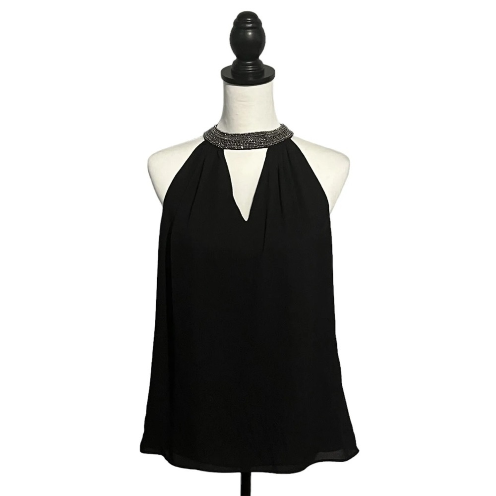 White House Black Market Halter Top Embellished Collar Sleeveless Black S